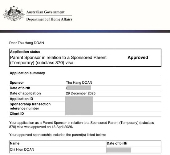 Thêm một thư chấp thuận của chính phủ Úc cho gia đình anh Đoàn Chí Hiền sang Úc visa diện 870 nhé.